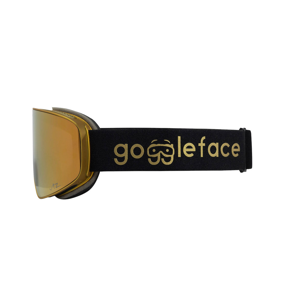 Side view of a pair of ski goggles with a black strap. The strap has the brand name "Goggleface" in gold lettering. The goggles, perfect for your winter adventure, feature a reflective, golden-brown lens. Exclusively yours, these limited Snow Goggles - Straight Line | Gold Rush are both stylish and functional.
