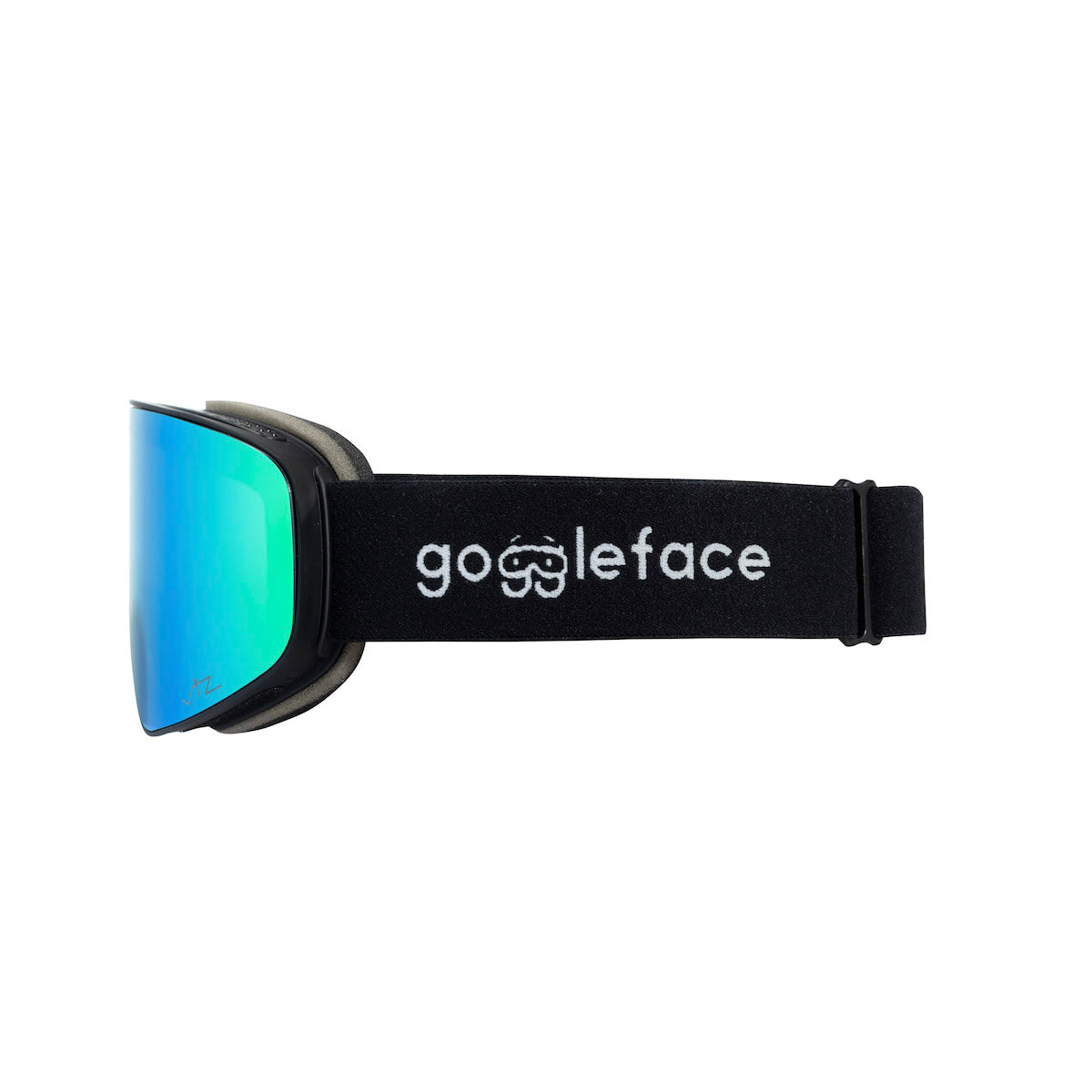 A pair of Straight Line snow goggles by Goggleface, featuring a blue-tinted lens and a black adjustable strap adorned with the "Goggleface" brand name embroidered in white. These goggles are designed for snow sports, offering eye protection and clear vision on the slopes.
