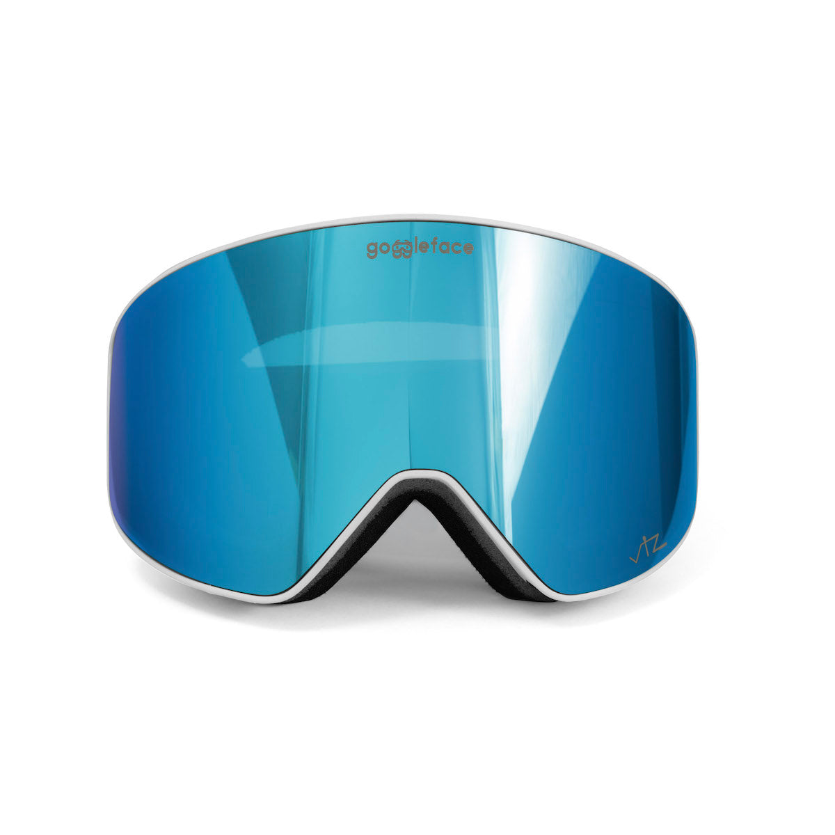 A pair of blue-tinted snow goggles with a reflective lens. The "Straight Line | White" goggles have a minimalist design, featuring the brand name "Goggleface" printed at the top center of the lens. The white frame and foam padding around the inside edge showcase an elegant blend of style and comfort.