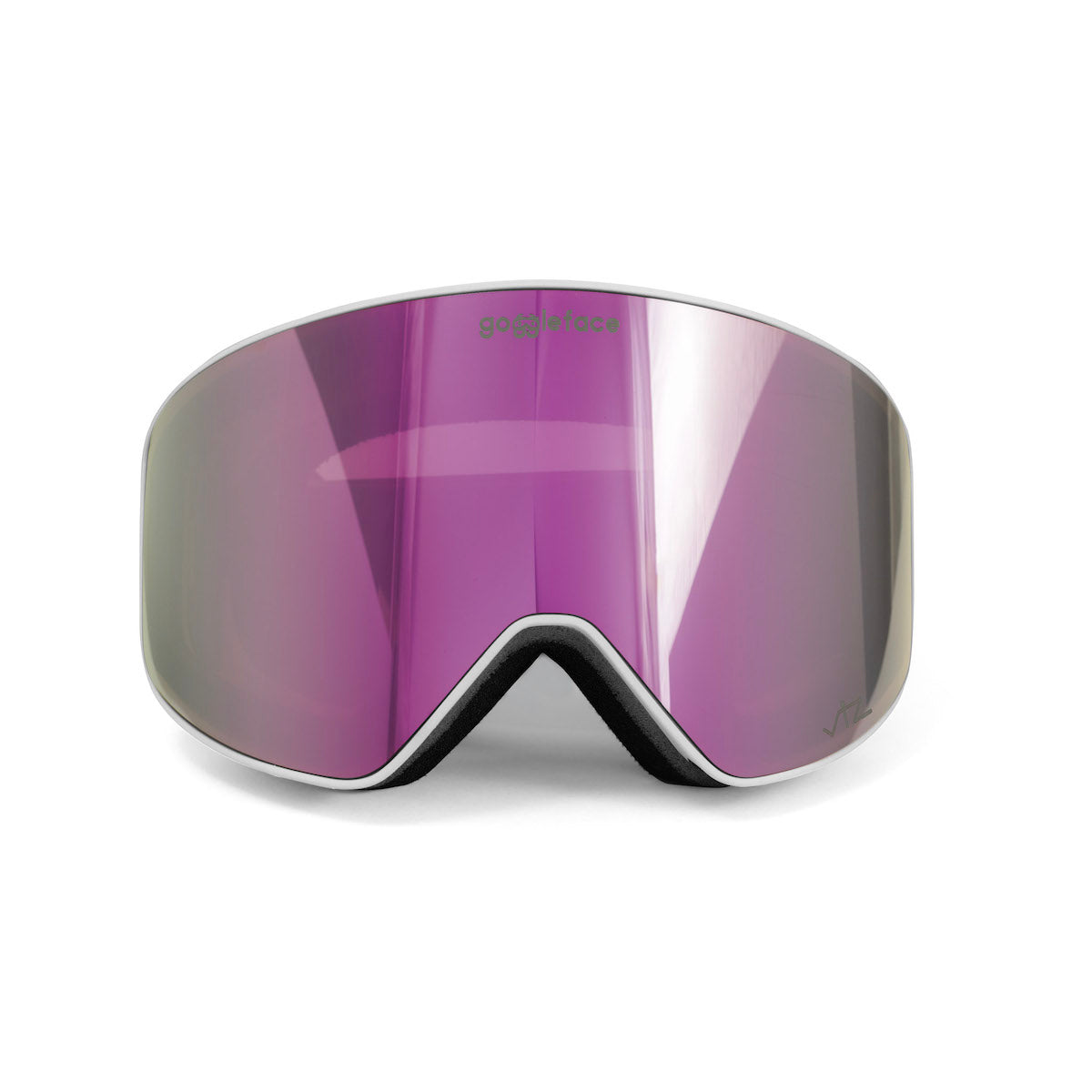 Introducing the Straight Line | White by Goggleface: This pair of sleek snow goggles features a large, reflective purple-tinted lens that covers the entire front. The white frame elegantly lines the edges of the lens, while black inside padding ensures comfort during wear—ideal for any Goggleface enthusiast ready to carve straight-line runs.