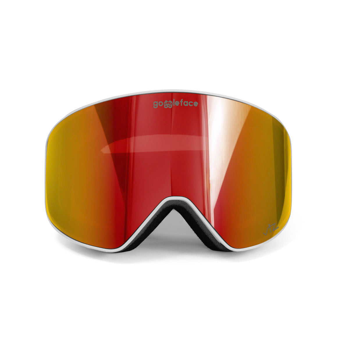 A pair of sleek, modern snow goggles with a red-orange mirrored lens and white frame. Designed for the minimalist, these "Straight Line | White" Goggleface goggles feature a straight-line aesthetic with the brand name printed at the top center of the lens.