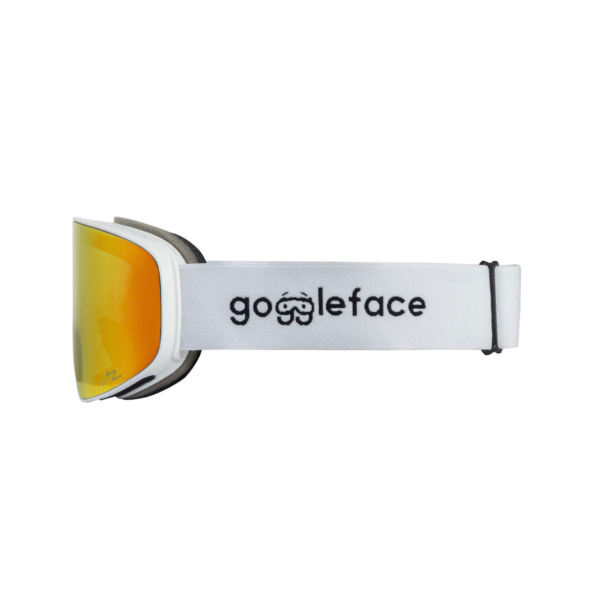 A side view of the Straight Line | White Snow Goggles, featuring a white strap with "Goggleface" in black letters and a small logo resembling a pair of goggles. The yellow-orange tinted lenses are perfect for hitting the slopes.
