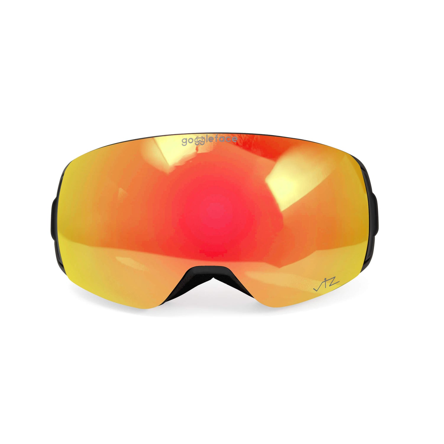 The Goggleface Switch Line ski goggles feature a sleek black frame and reflective, orange-tinted lenses that offer optical excellence for winter sports. The reflection on the lenses shows bright light sources. These goggles are also compatible with Switch Line accessory lenses for versatile performance.